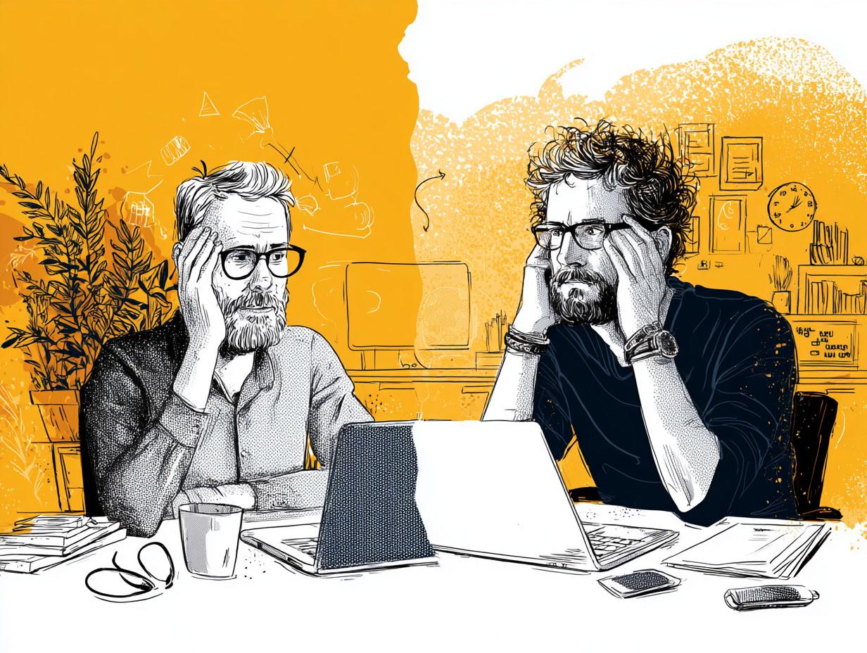 Split screen showing technical founder desperately seeking business co-founder and business founder seeking technical co-founder, both with unrealistic expectations