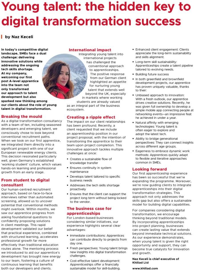 Young Talent article by Naz Keceli as published in the London Chamber of Commerce and Industry magazine.