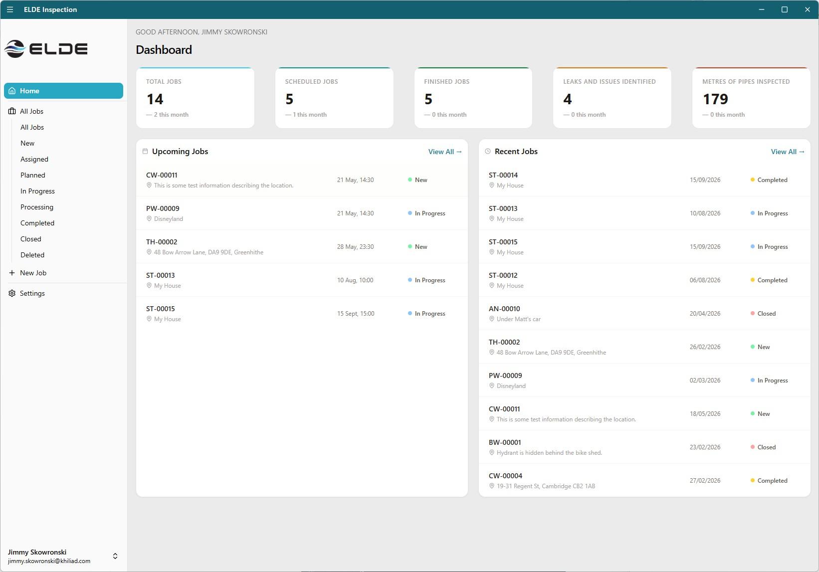 ELDE Inspection: the dashboard, with job totals and upcoming and recent jobs
