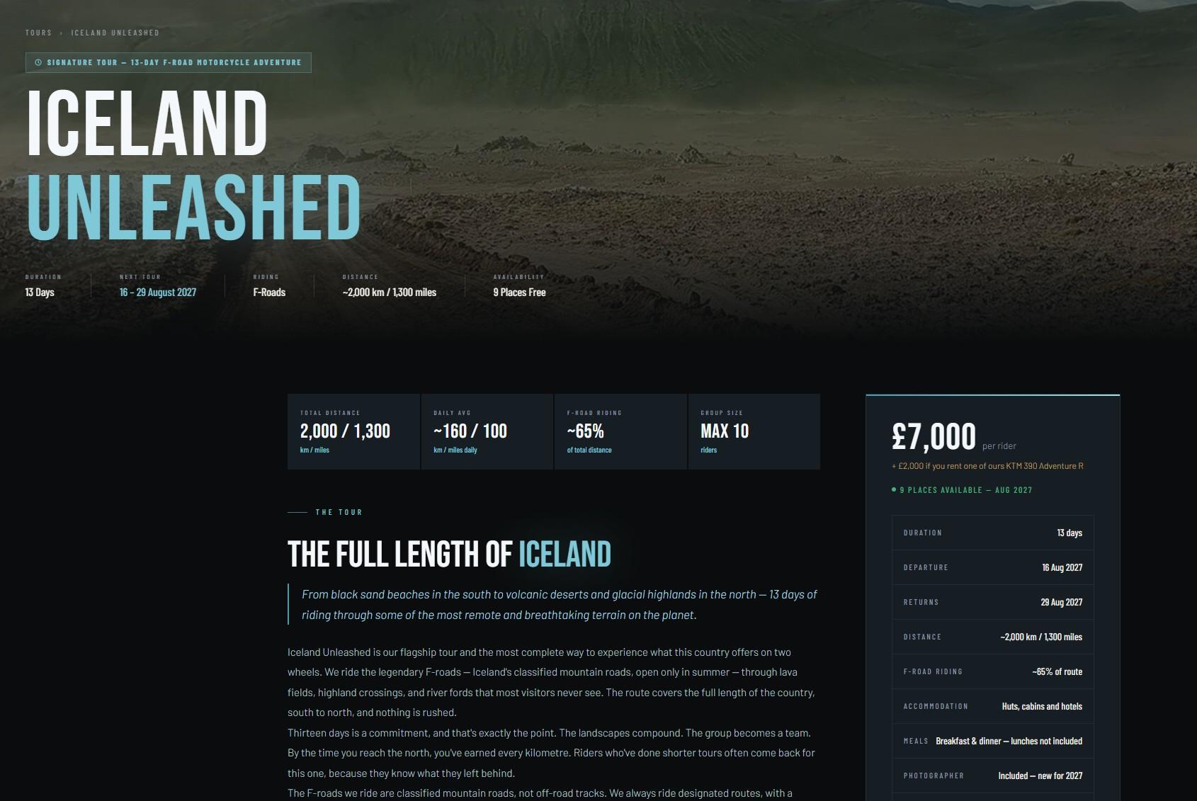 Freedom Moto Adventures: the Iceland Unleashed tour page, with its dates and price