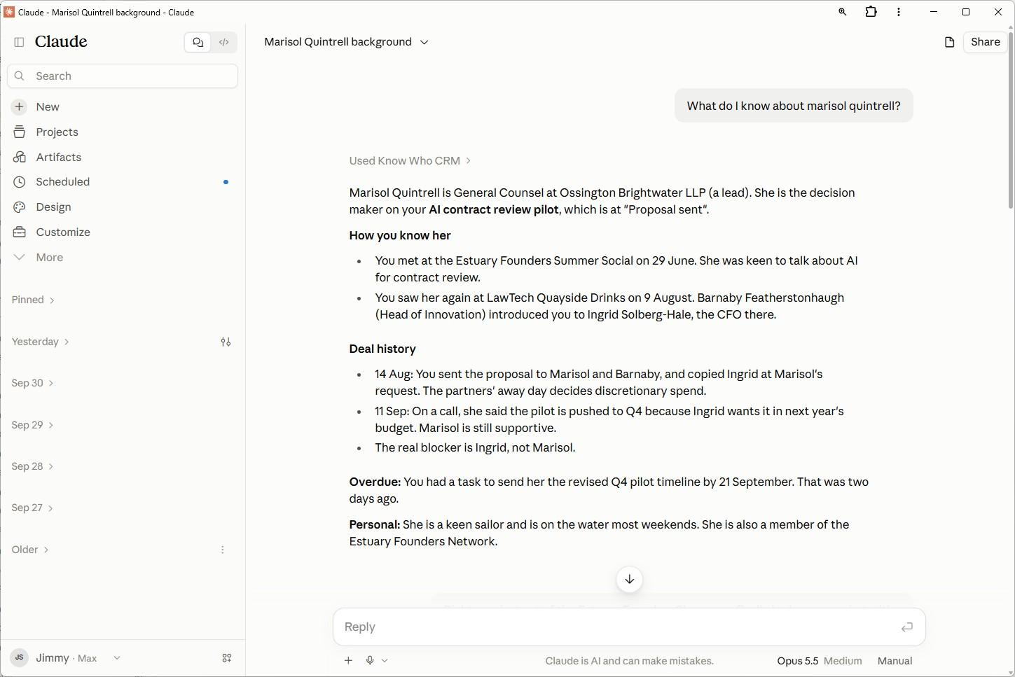 Know Who CRM: asking the AI assistant what is known about a contact