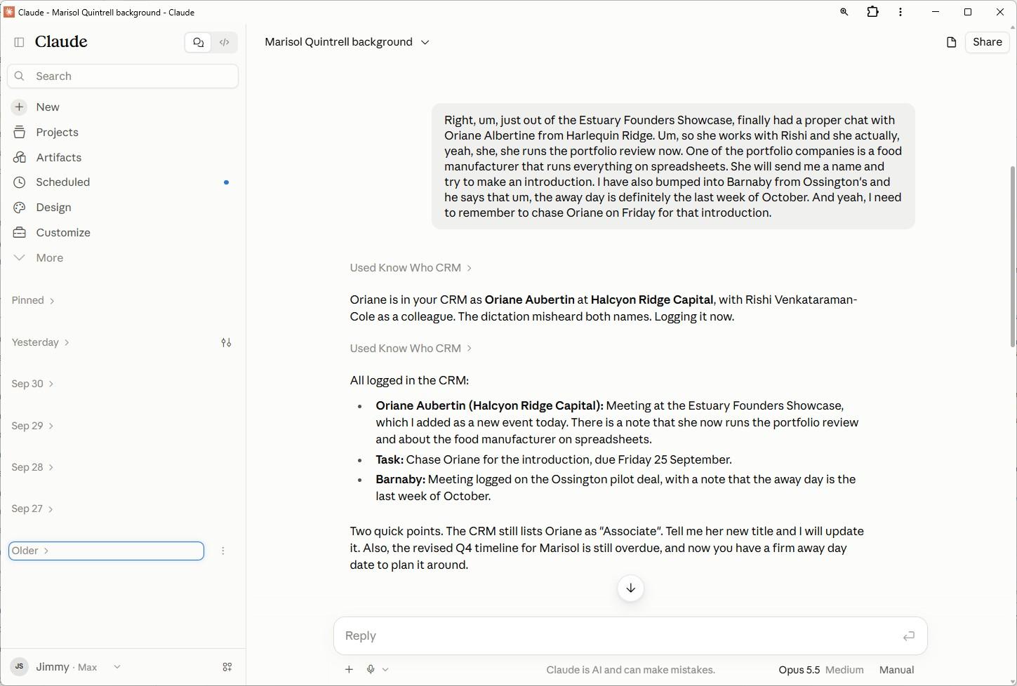 Know Who CRM: logging a meeting in the AI assistant