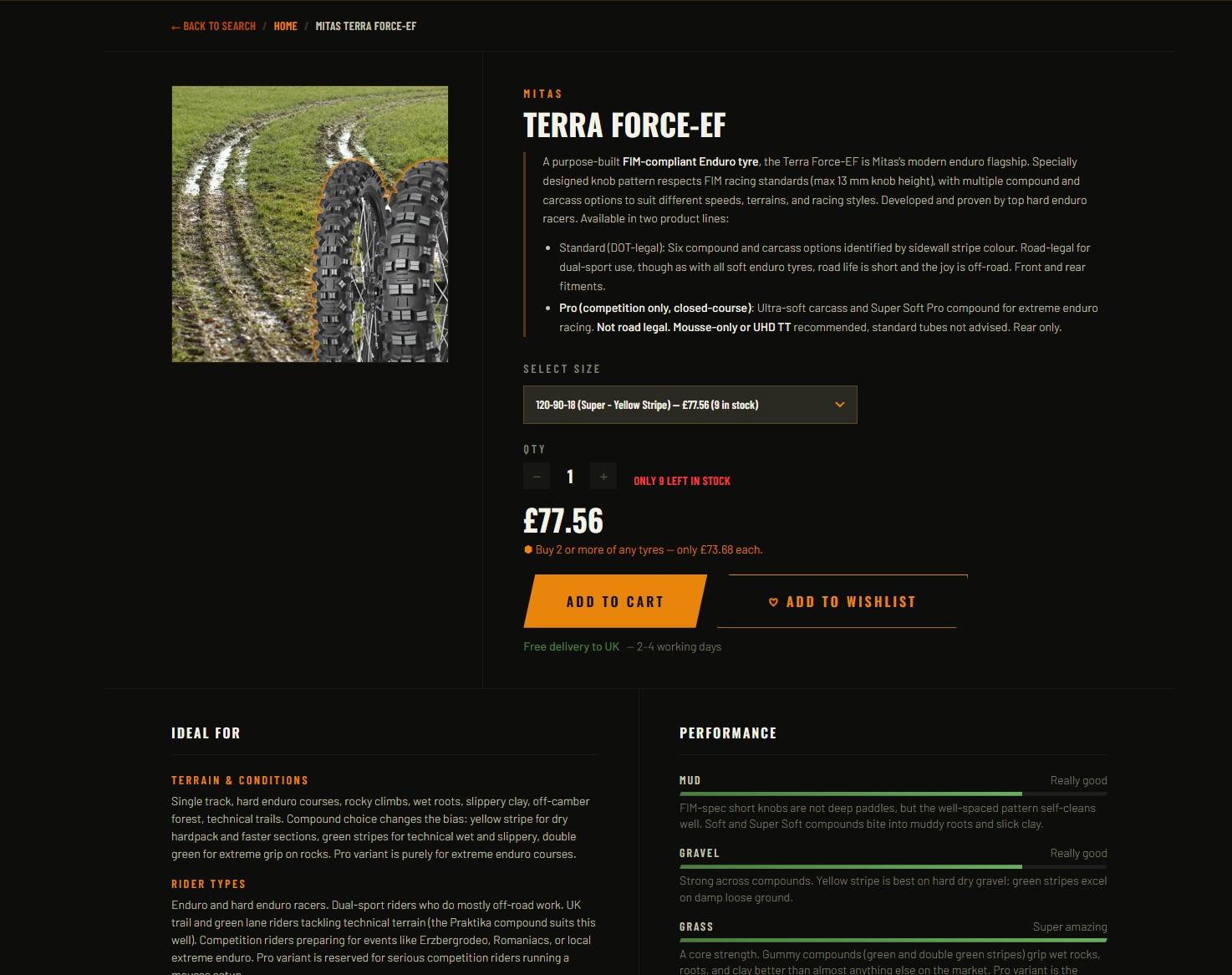 OnlyKnobblies: a tyre page, with sizes, stock and performance ratings