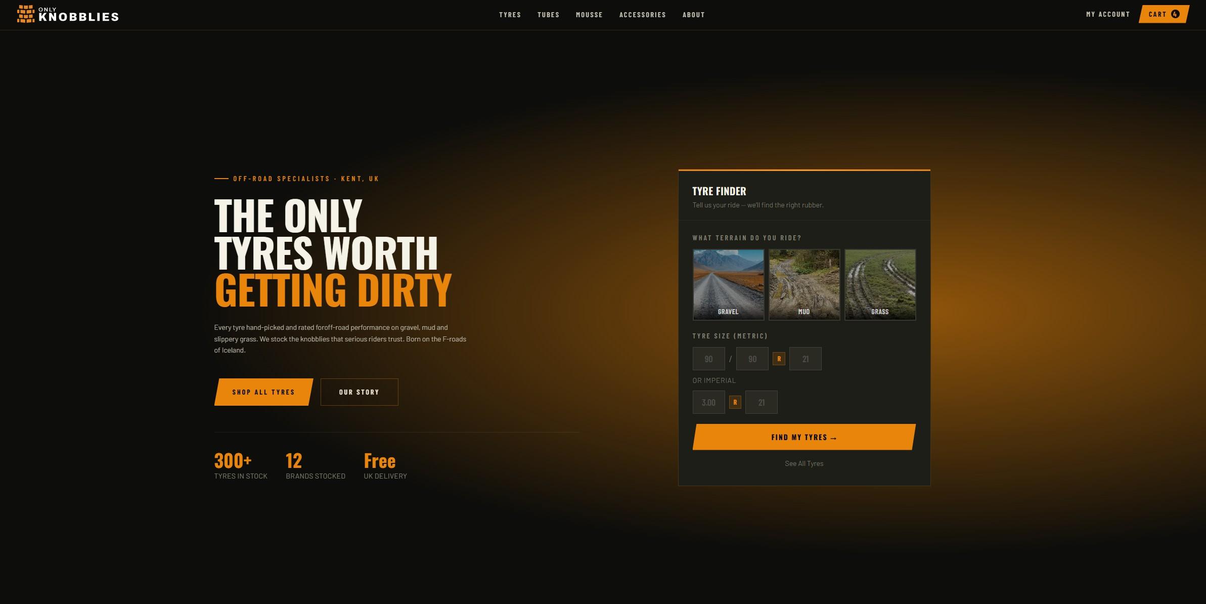 OnlyKnobblies: the home page with the tyre finder