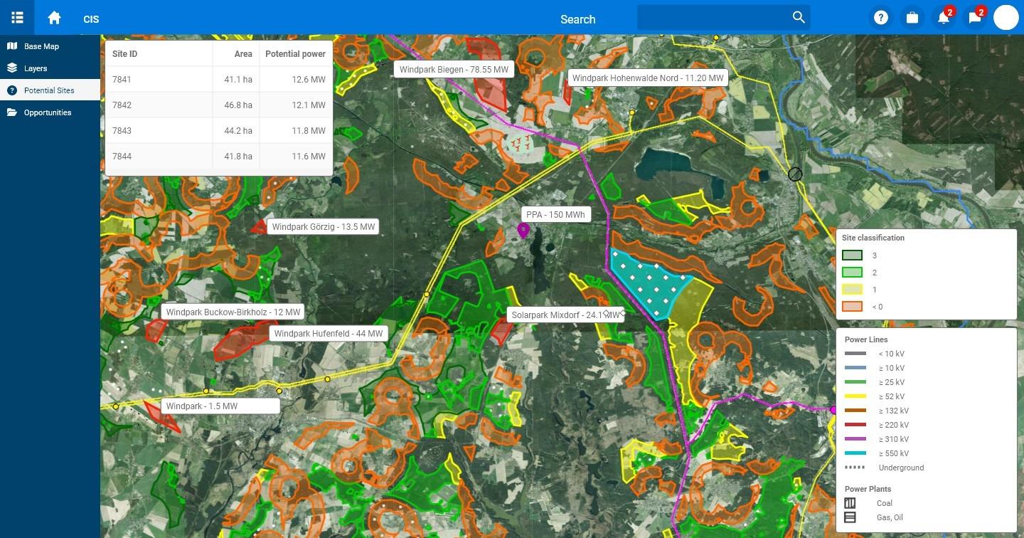Wind farm site assessment: possible sites on the map, classified, with power lines and nearby wind and solar farms