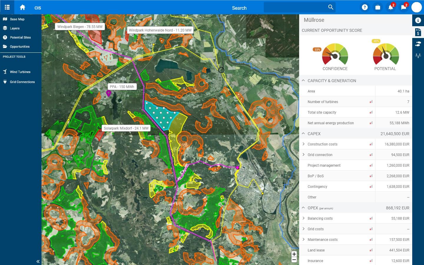 Wind farm site assessment: a site on the map, with its confidence and potential scores and its costs