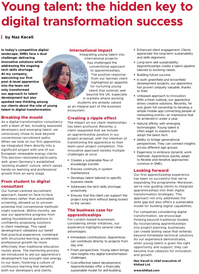 Young Talent article by Naz Keceli as published in the London Chamber of Commerce and Industry magazine.